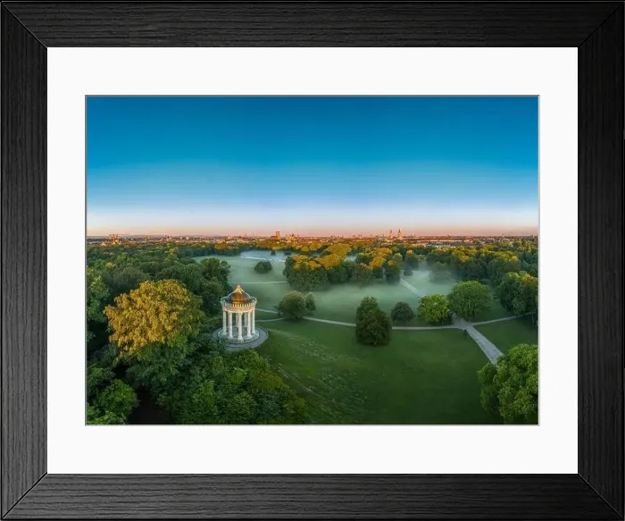 Framed Print : Wonderful aerial view over the Englischer Garten of the bavarian capital Munich at the early morning with fog in Framed Print : Wonderful aerial view over the Englischer Garten of the bavarian capital Munich at the early morning with fog in