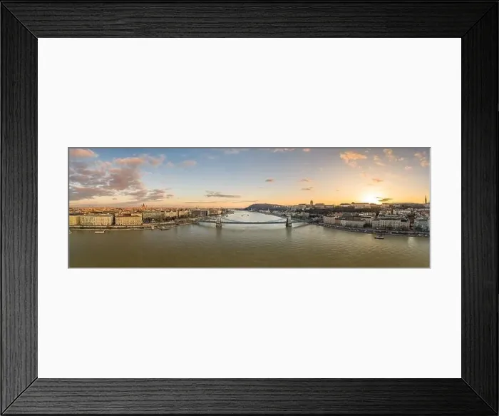 Framed Print : Aerial Panoramic drone shot of chain bridge over Danube river during Budapest sunset time Framed Print : Aerial Panoramic drone shot of chain bridge over Danube river during Budapest sunset time