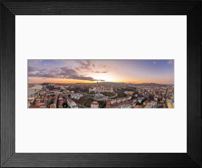 Framed Print : Aerial panorama drone shot of Fisherman's Bastion on Buda Hill in Budapest sunset time