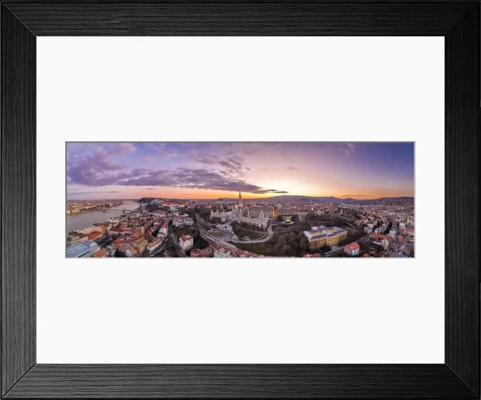 Framed Print : Aerial panorama drone shot of Fisherman's Bastion on Buda Hill in Budapest sunset time Framed Print : Aerial panorama drone shot of Fisherman's Bastion on Buda Hill in Budapest sunset time