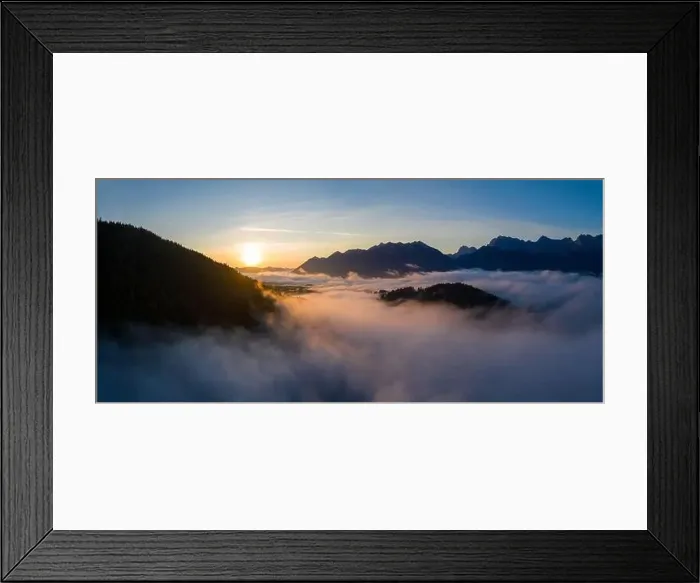Framed Print : Aerial sunrise above cloud inversion in the mountains Framed Print : Aerial sunrise above cloud inversion in the mountains