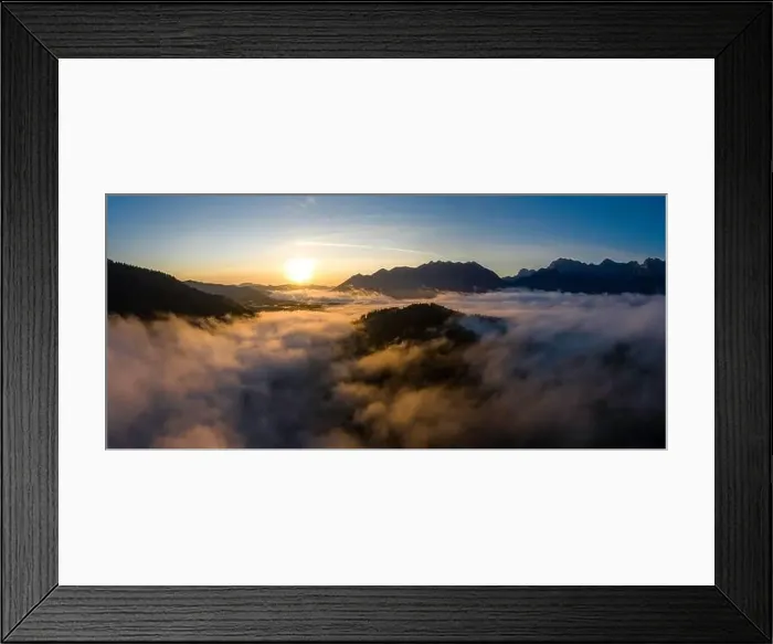 Framed Print : Aerial sunrise above cloud inversion in the mountains Framed Print : Aerial sunrise above cloud inversion in the mountains
