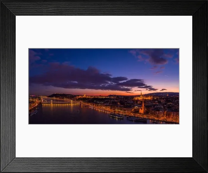 Framed Print : Panoramic aerial drone of lighted Matthias Church on Buda Hill by Danube river during Budapest sunset Framed Print : Panoramic aerial drone of lighted Matthias Church on Buda Hill by Danube river during Budapest sunset