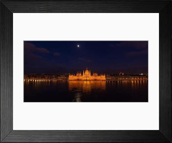 Framed Print : Panoramic aerial drone shot of Hungarian Parliament with lights on during Budapest evening