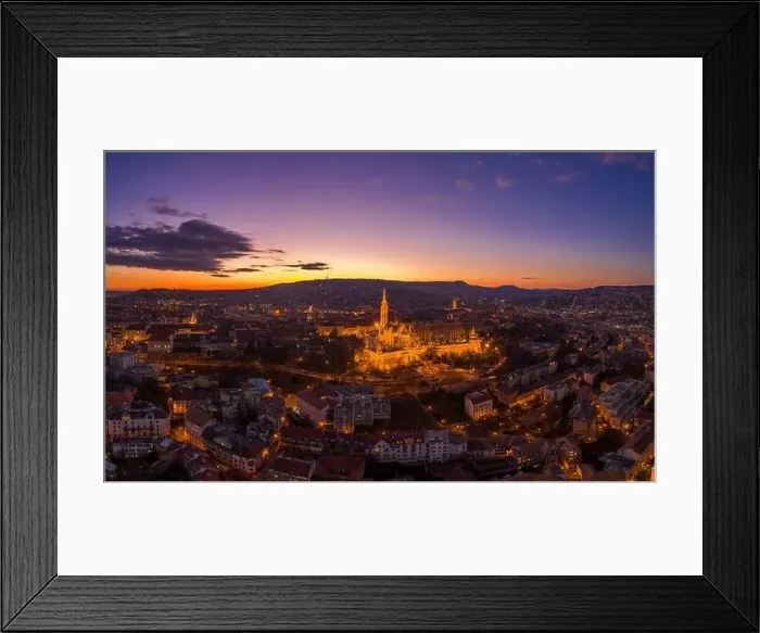 Framed Print : Aerial drone shot of lighted Matthias Churh Fisherman's Bastion on Buda Hill in Budapest sunset time Framed Print : Aerial drone shot of lighted Matthias Churh Fisherman's Bastion on Buda Hill in Budapest sunset time