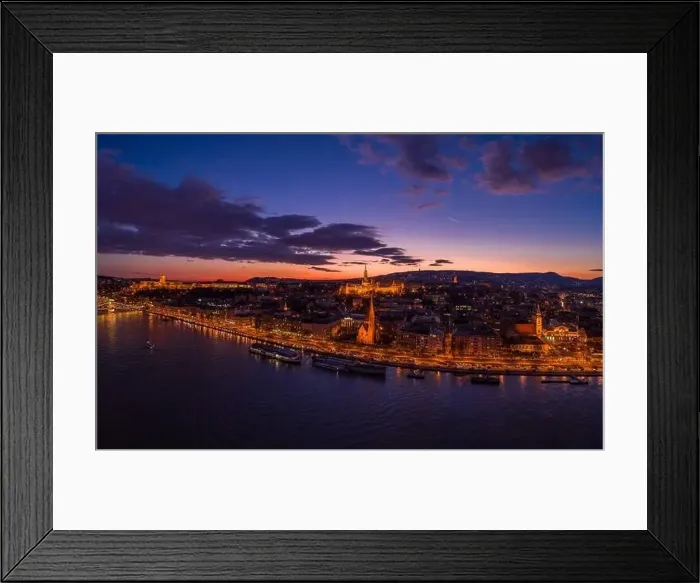 Framed Print : Aerial drone of lighted Matthias Church on Buda hill during Budapest sunset Framed Print : Aerial drone of lighted Matthias Church on Buda hill during Budapest sunset