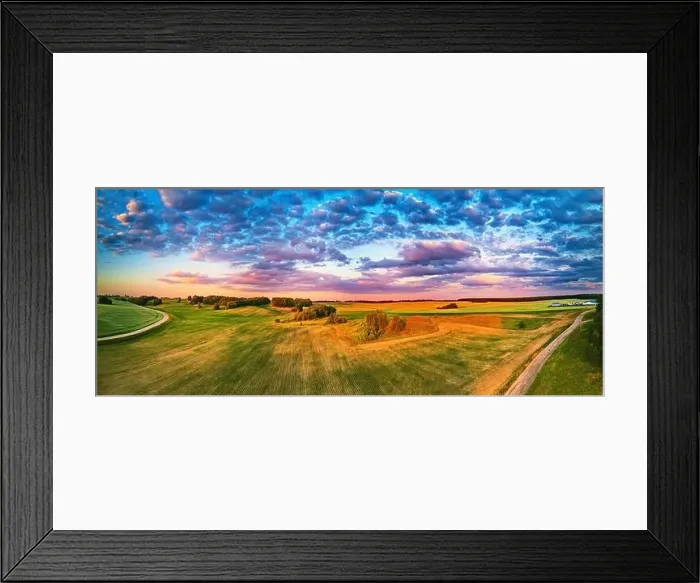 Framed Print : Summer rural sunset aerial panorama. Wheat agricultural fields on hills. Road to village, Belarus Framed Print : Summer rural sunset aerial panorama. Wheat agricultural fields on hills. Road to village, Belarus