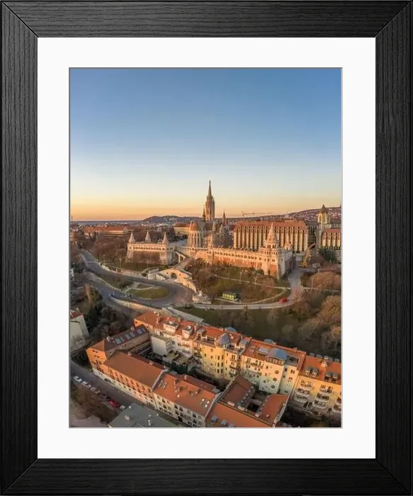 Framed Print : Aerial drone shot of Matthias Church on Buda hill during Budapest sunrise at dawn Framed Print : Aerial drone shot of Matthias Church on Buda hill during Budapest sunrise at dawn