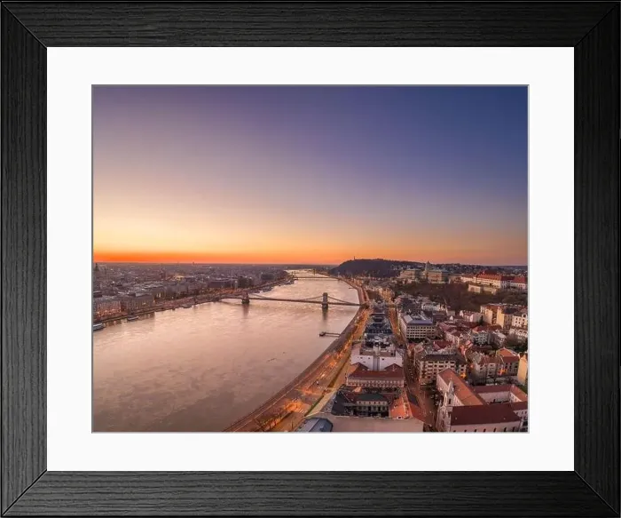 Framed Print : Aerial drone shot of Buda Hill by Danube river with chain bridge before Budapest sunrise Framed Print : Aerial drone shot of Buda Hill by Danube river with chain bridge before Budapest sunrise