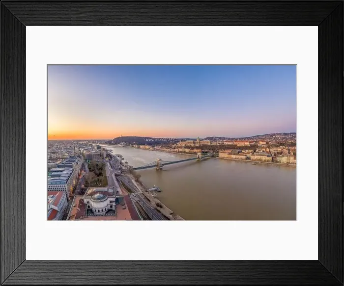 Framed Print : Aerial drone shot of chain bridge over danube river Buda castle before Budapest sunrise Framed Print : Aerial drone shot of chain bridge over danube river Buda castle before Budapest sunrise
