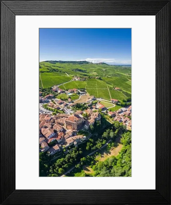 Framed Print : Aerial view of the typical town of Barolo and its castle Castello Falletti Framed Print : Aerial view of the typical town of Barolo and its castle Castello Falletti