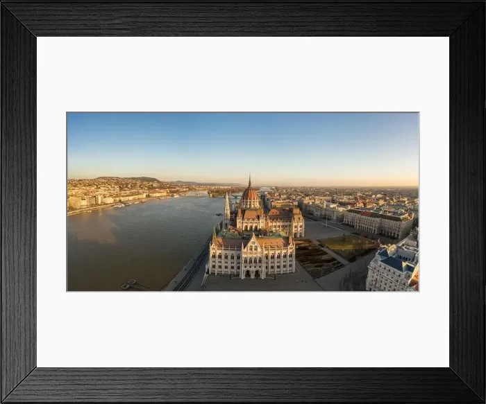 Framed Print : Panoramic aerial drone shot of south side facade of Hungarian Parliament during Budapest sunrise Framed Print : Panoramic aerial drone shot of south side facade of Hungarian Parliament during Budapest sunrise