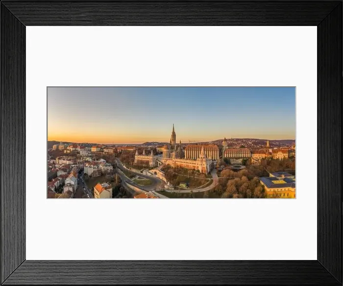 Framed Print : Panoramic aerial drone shot of Matthias churh on buda hill during Budapest sunrise Framed Print : Panoramic aerial drone shot of Matthias churh on buda hill during Budapest sunrise