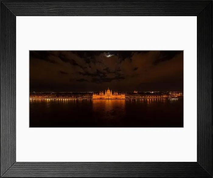 Framed Print : Panoramic aerial drone shot of Hungarian Parliament with lights on during Budapest evening Framed Print : Panoramic aerial drone shot of Hungarian Parliament with lights on during Budapest evening
