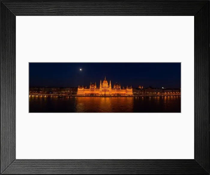Framed Print : Panoramic aerial drone shot of front facade of Hungarian Parliament with lights on in Budapest night Framed Print : Panoramic aerial drone shot of front facade of Hungarian Parliament with lights on in Budapest night