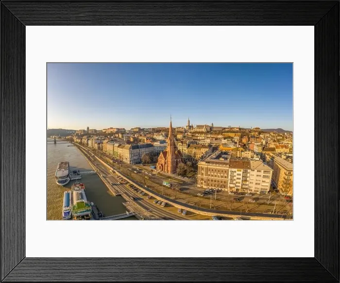 Framed Print : Aerial drone shot of Szilagy Dezso Square reformed church Matthias Church during Budapest sunrise