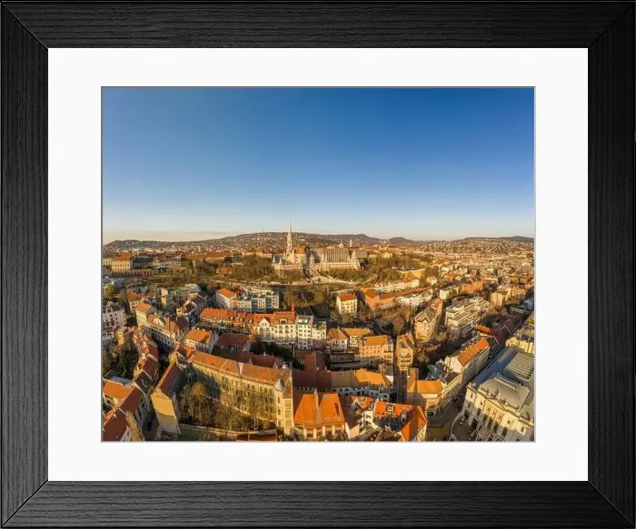 Framed Print : Aerial drone shot of Matthias Church on Buda hill during Budapest sunrise at dawn Framed Print : Aerial drone shot of Matthias Church on Buda hill during Budapest sunrise at dawn
