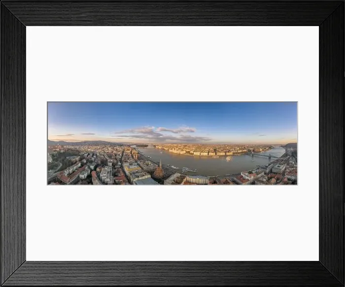 Framed Print : Wide panorama aerial drone view of Parliament by danube river in Budapest sunset