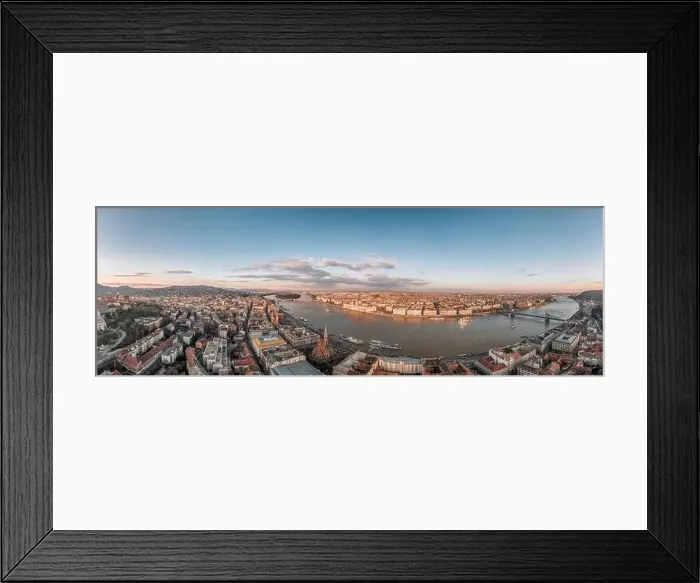 Framed Print : Wide panorama aerial drone view of Parliament by danube river in Budapest sunset Framed Print : Wide panorama aerial drone view of Parliament by danube river in Budapest sunset