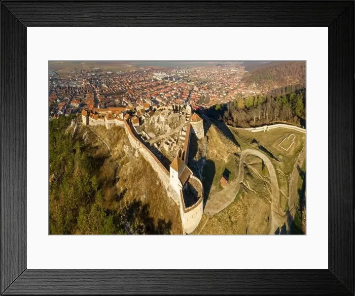Framed Print : Aerial drone panoramic view of Historical fortress in Risnov or Rasnov. Romania