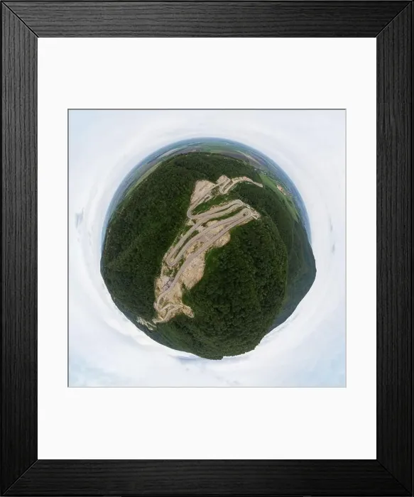 Framed Print : 360 spherical panorama of aerial top vew of winding road in the mountains Framed Print : 360 spherical panorama of aerial top vew of winding road in the mountains