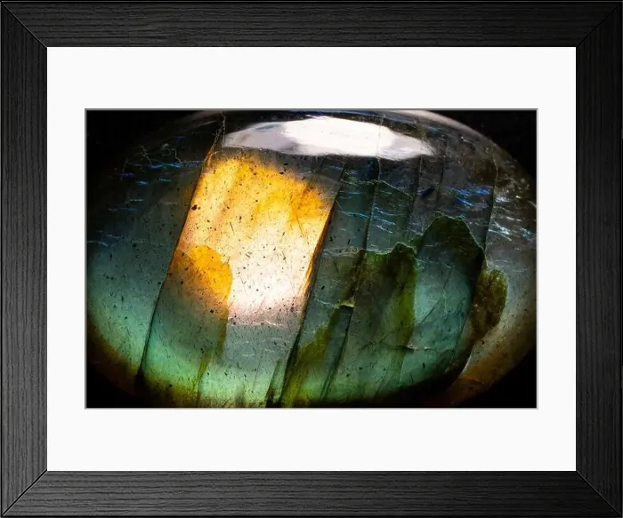 Framed Print : Macro Photo of a Surreal Green and Blue Iridescent Labradorite Rock Framed Print : Macro Photo of a Surreal Green and Blue Iridescent Labradorite Rock