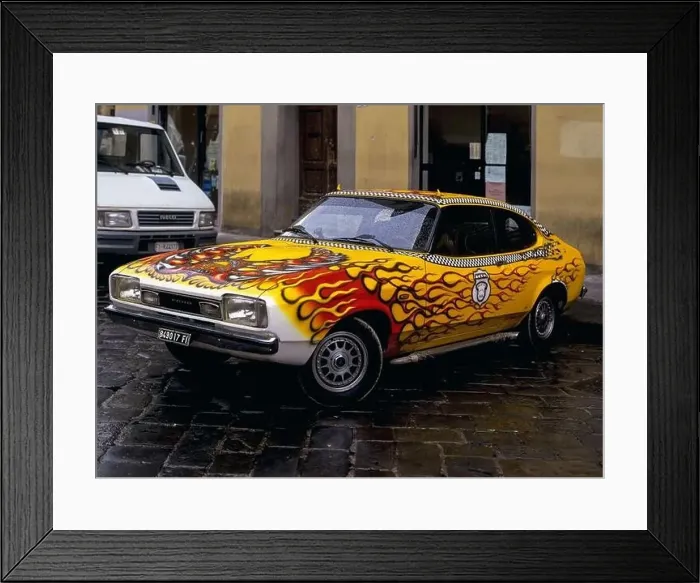 Framed Print : A Ford Capri, customised in flaming red and yellow and with rooftop devil's horns Framed Print : A Ford Capri, customised in flaming red and yellow and with rooftop devil's horns