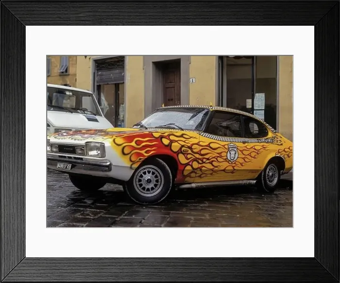 Framed Print : A Ford Capri, customised in flaming red and yellow and with rooftop devil's horns