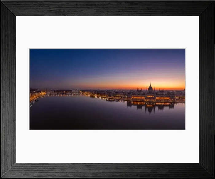 Framed Print : Panoramic aerial drone shot of Hungarian Parliament lights off sunrise in Budapest dawn