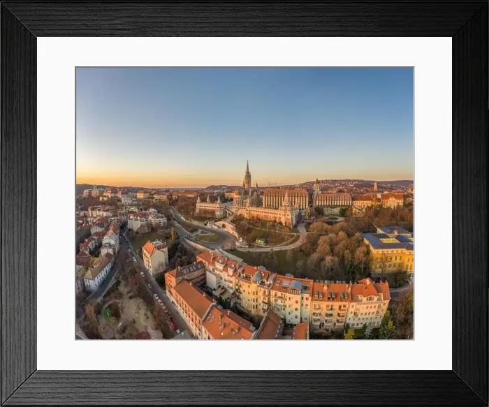 Framed Print : Aerial drone shot of Matthias Church on Buda hill during Budapest sunrise at dawn Framed Print : Aerial drone shot of Matthias Church on Buda hill during Budapest sunrise at dawn