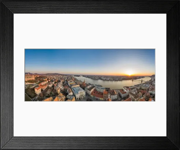 Framed Print : Panoramic aerial drone shot of Budapest skyline sunrise over Danube river with Hungarian Parliament