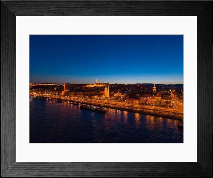 Framed Print : Aerial drone shot of St. Anne Parish church by Danube river at Budapest dusk city lights on Framed Print : Aerial drone shot of St. Anne Parish church by Danube river at Budapest dusk city lights on