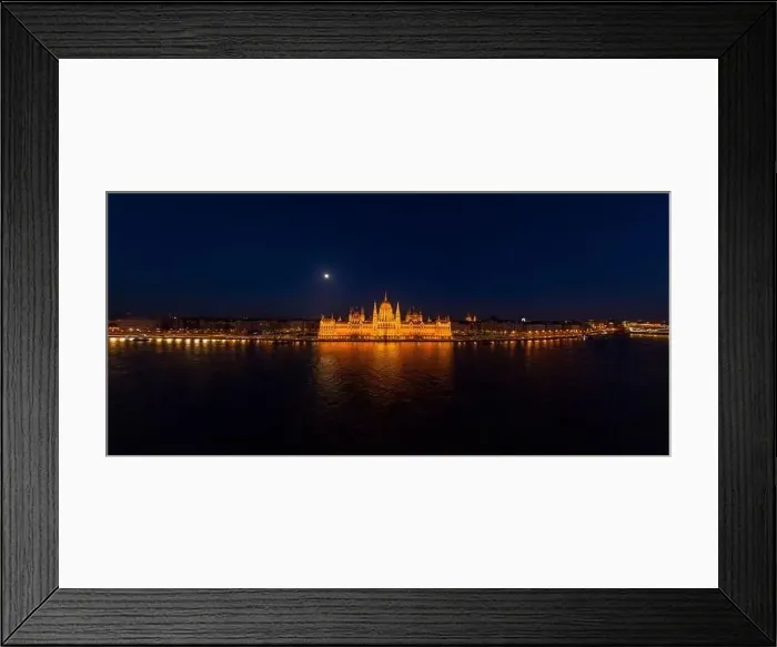 Framed Print : Panoramic aerial drone shot of front facade of Hungarian Parliament with lights on in Budapest night Framed Print : Panoramic aerial drone shot of front facade of Hungarian Parliament with lights on in Budapest night