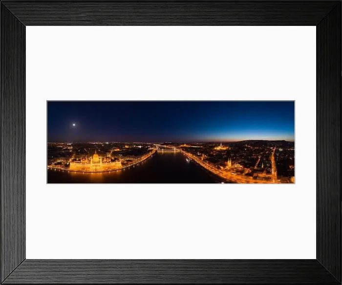 Framed Print : Panoramic aerial drone shot of Danube river with Hungarian Parliament at dusk in Budapest city lights Framed Print : Panoramic aerial drone shot of Danube river with Hungarian Parliament at dusk in Budapest city lights