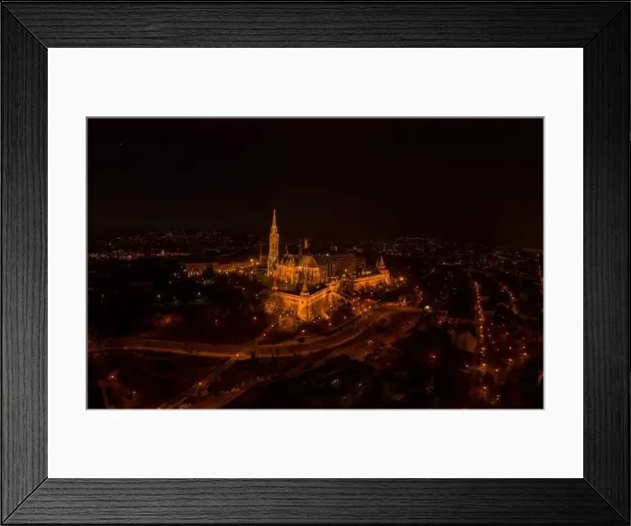 Framed Print : Aerial drone shot of Matthias Church on Buda hill on Fisherman Bastion in Budapest night Framed Print : Aerial drone shot of Matthias Church on Buda hill on Fisherman Bastion in Budapest night