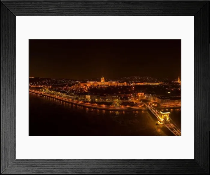 Framed Print : Aerial drone shot of Buda castle on Buda Hill in Budapest night with city lights on
