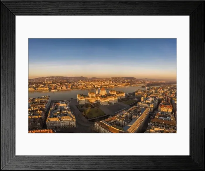 Framed Print : Aerial drone shot of Hungarian Parliament building during sunrise in Budapest Danube river Framed Print : Aerial drone shot of Hungarian Parliament building during sunrise in Budapest Danube river