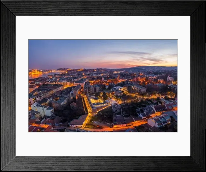 Framed Print : Aerial drone shot of Tomb of Gul Baba with lights on in Budapest sunset Framed Print : Aerial drone shot of Tomb of Gul Baba with lights on in Budapest sunset
