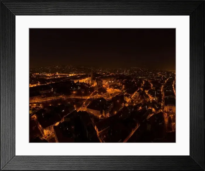 Framed Print : Aerial drone shot of Matthias Church on Buda hill on Fisherman Bastion in Budapest night Framed Print : Aerial drone shot of Matthias Church on Buda hill on Fisherman Bastion in Budapest night