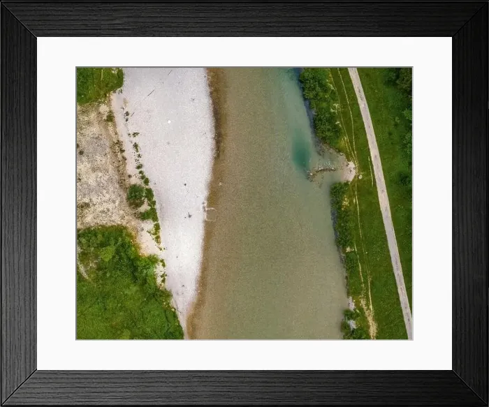 Framed Print : Top view at the bavarian river Isar with a white sandbank Framed Print : Top view at the bavarian river Isar with a white sandbank