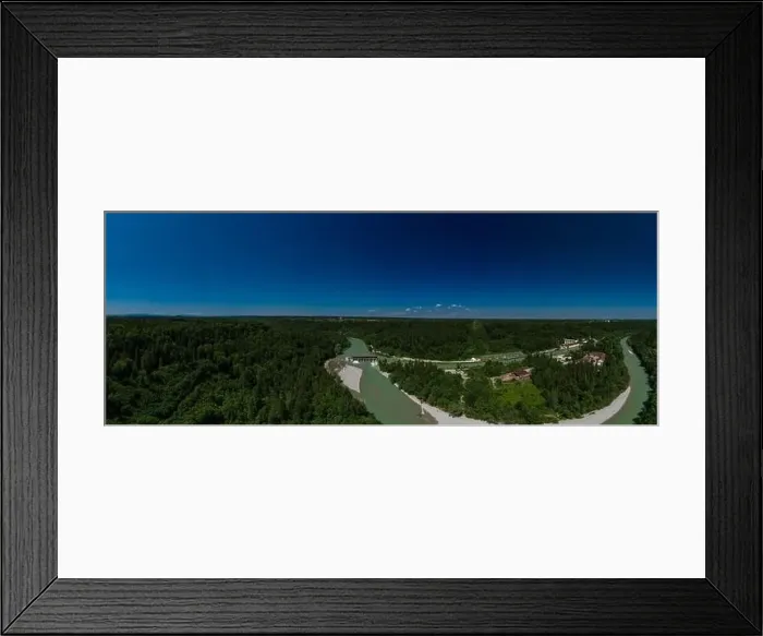 Framed Print : Aerial view over the bavarian Isar river and a weir next to green trees of a big forest Framed Print : Aerial view over the bavarian Isar river and a weir next to green trees of a big forest