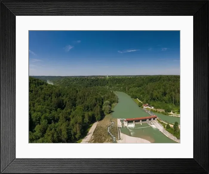 Framed Print : Isar weir in southern Bavaria with fish stairs next to a beautiful forest at a beautiful day Framed Print : Isar weir in southern Bavaria with fish stairs next to a beautiful forest at a beautiful day