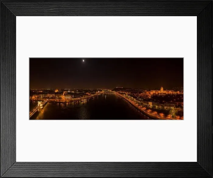 Framed Print : Panoramic aerial drone shot of Danube with moon National Gallery and chain bridge in Budapest night Framed Print : Panoramic aerial drone shot of Danube with moon National Gallery and chain bridge in Budapest night
