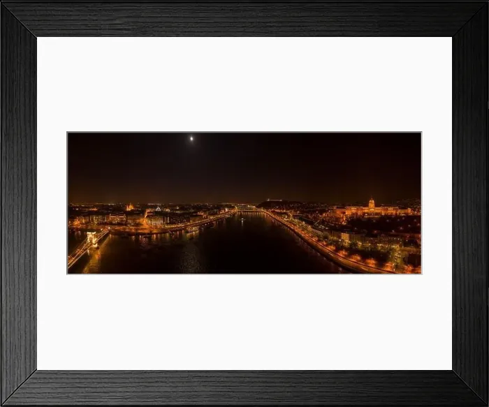 Framed Print : Panoramic aerial drone shot of Danube with moon National Gallery and chain bridge in Budapest night Framed Print : Panoramic aerial drone shot of Danube with moon National Gallery and chain bridge in Budapest night