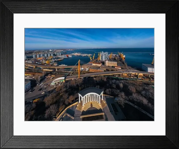 Framed Print : drone panoramic photo of port Odessa Ukraine at sunny day Framed Print : drone panoramic photo of port Odessa Ukraine at sunny day