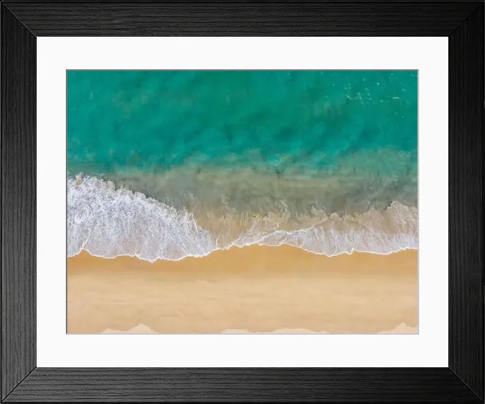 Framed Print : Aerial Drone view beautiful empty beach. Top view wave from sea come to beach. With copy space Framed Print : Aerial Drone view beautiful empty beach. Top view wave from sea come to beach. With copy space