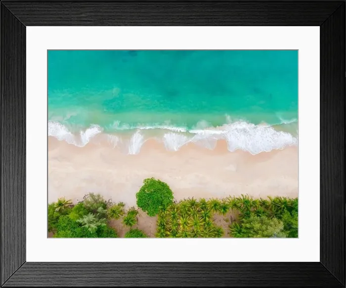 Framed Print : Aerial view top view Beautiful topical beach with white sand coconut palm trees and sea Framed Print : Aerial view top view Beautiful topical beach with white sand coconut palm trees and sea