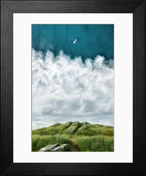Framed Print : Surreal Dreamy Hiking Scene of a Tall Green Grass Trail Leading up a Hill with the Blue Ocean and a Boat in the Sky Framed Print : Surreal Dreamy Hiking Scene of a Tall Green Grass Trail Leading up a Hill with the Blue Ocean and a Boat in the Sky