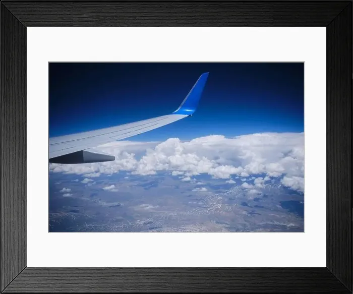 Framed Print : Plane horizon aerial view atmosphere edge. Airplane wing sky view Framed Print : Plane horizon aerial view atmosphere edge. Airplane wing sky view