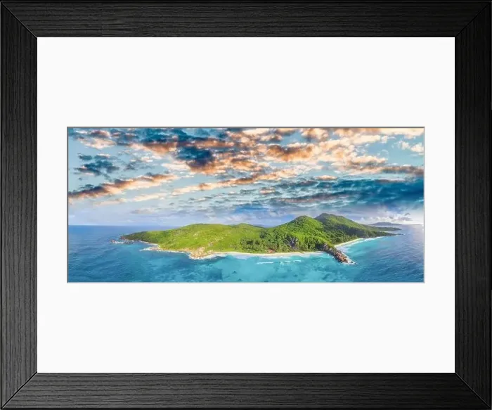 Framed Print : La Digue, Seychelles Island. Amazing aerial view of beach and ocean from a drone Framed Print : La Digue, Seychelles Island. Amazing aerial view of beach and ocean from a drone